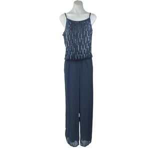 ONLY Women's Blue Sequin Embellished Sleeveless Elastic Waist Jumpsuit Size 10